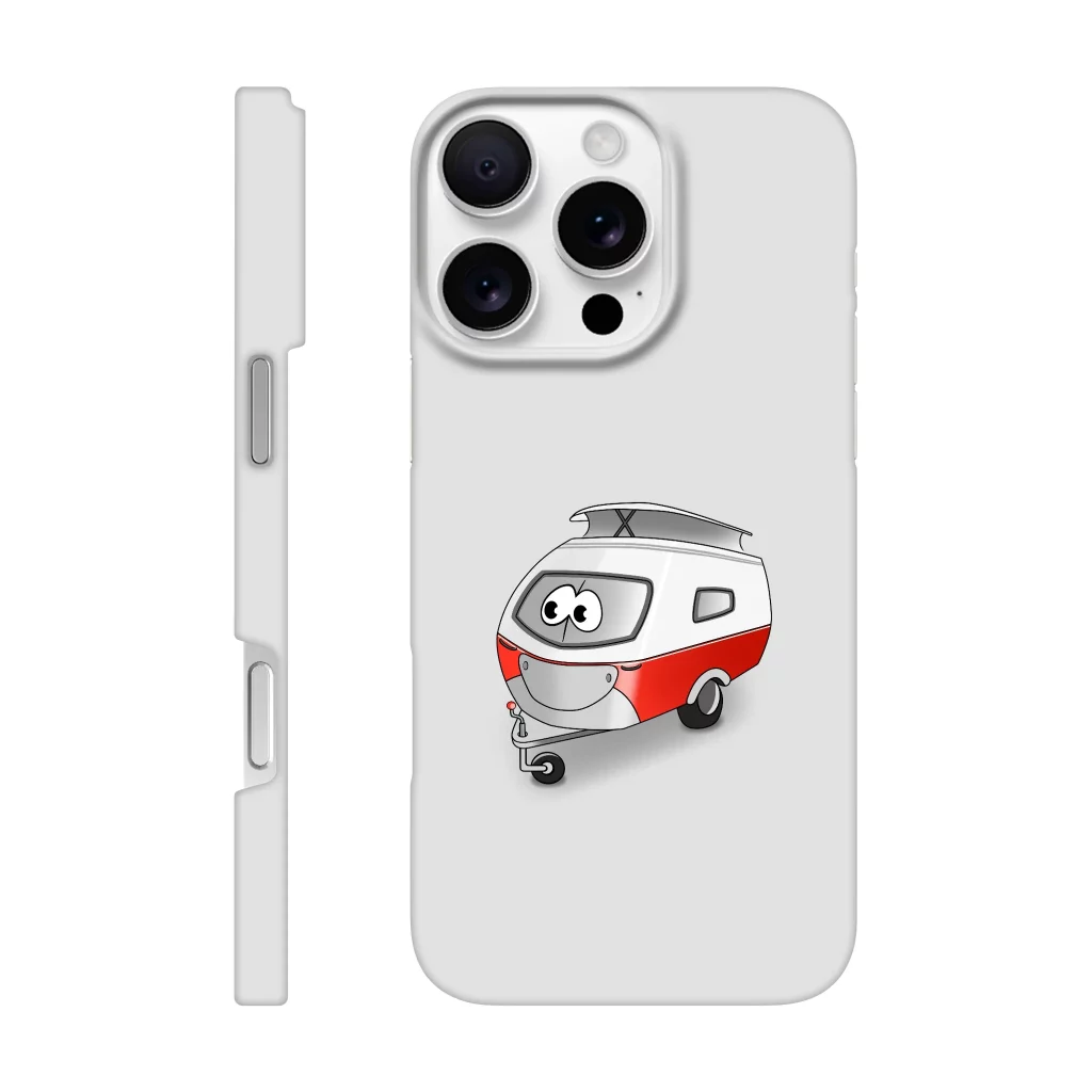 Beispielbild: auf einer weißen Hüllen für ein iPhone16 Max Pro ist ein Cartoonmotiv eines Wohnwagens zu sehen. Der Wohnwagen ist weiß und rot und erinnert an den Eriba Troll.
Der Cartoon wurde gezeichnet von der Cartoonistin Antje Blumrodt, auch bekannt als "a-b-c".